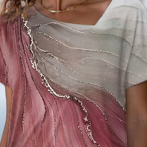 Marble Print Asymmetrical Neck Short Sleeve T-Shirt - Picture 2 of 4